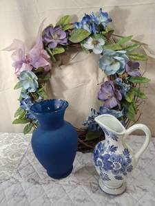 lot 145 image: Blue Glass Vase and White Ceramic Pitcher with Floral Wreath