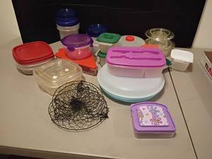 lot 1113 image: Tupperware and Other Food Storage Containers and a Hanging Wire Basket