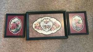 lot 1200 image: Three Piece Floral Wall Art Set with Green Frames