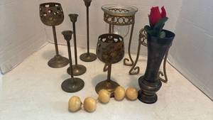 lot 1210 image: Brass Candlestick Holders and Decorative Metal Accessories Set