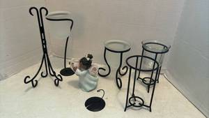 lot 1212 image: Angel Figurine with Black Metal Candle Stands Set