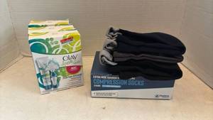 lot 1231 image: Olay Fresh Effects Cleansing System Qty 3 and Extra Wide Bamboo Compression Socks Bundle Qty 3