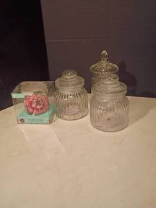 lot 1242 image: Glass Canisters for Cotton Balls, Q Tips, Etc. and Candle