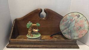 lot 1304 image: Decorative Wooden Tray with Musical Figurine and Asian Fan