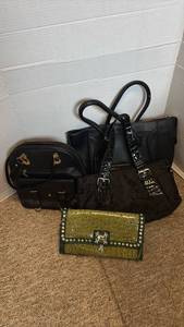 lot 1312 image: Designer Handbag Collection - Black Tote Bags and Green Studded Clutch