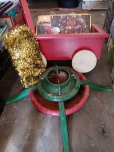 lot 2011 image: Red Wooden Wagon, Real Christmas Tree holder and more