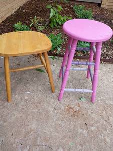 lot 2410 image: 2 Wooden Step Stools.  One identifies as a broken chair. Pink stool is 24in. tall