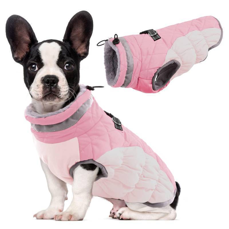 lot 15122 image: Dog Coat Warm Dog Winter Coat Waterproof Dogs Jacket with Harness Built in Reflective Pet Fleece Vest Zip-Up Cold Weather Coats for Small Dogs Turtleneck & Windproof Coats Chihuahua Pink XS - Retail $31
