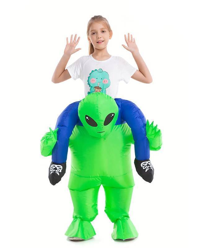 lot 34896 image: Inflatable Alien Costume Toddler Boys Girls, Blow Up Riding Alien Abduction Cosplay Kids Child, Carrying Me Holding Man Halloween Clothes Children 2345T, Green - Retail $24