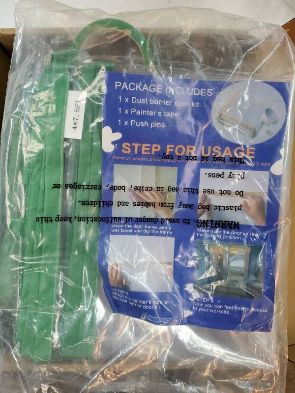 lot 44600 image: Dust Barrier - Magnetic Dust Barrier Door Kit for Dust Containment Self-Closing Plastic Sheeting Construction Dust Barrier, BathroomKitchenHallway Remodel, Fit Standard Doorway (4W x 7.5H-3 Pack) 2 Opened and Used. - Retail $72