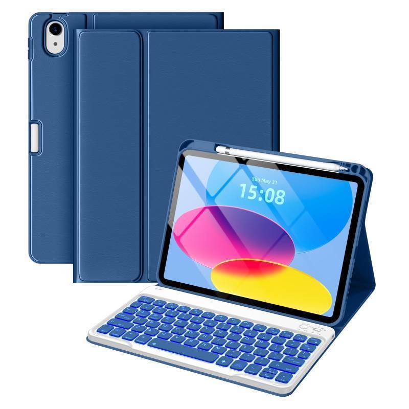 lot 44674 image: iPad (A16) 11th10th Generation Case with Keyboard, 7-Color Backlit, Detachable Keyboard Case for iPad A16 11 inch 2025 & 10.9 inch 2022, Folio Cover with Pencil Holder, Navy Blue - Retail $30