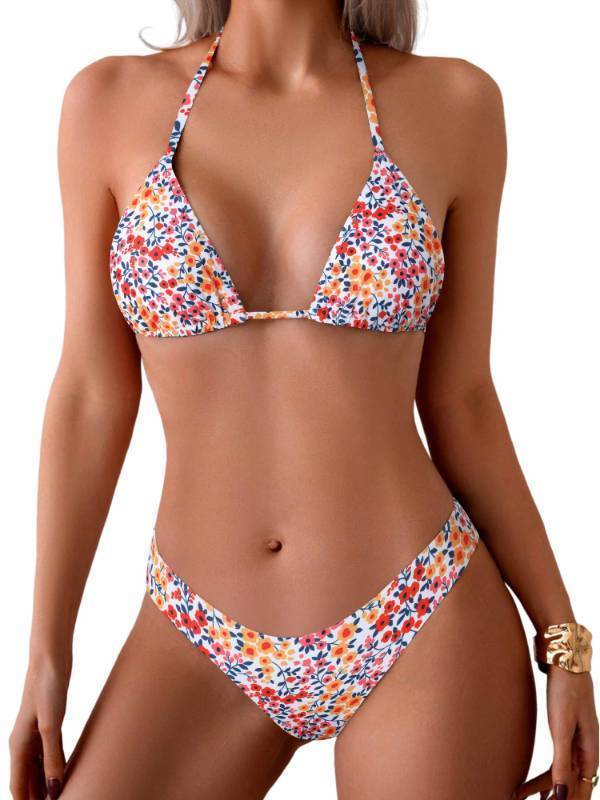 lot 62211 image: Womens Halter Bikini Sets Triangle Bikinis High Cut Swimsuits 2 Piece Bathing Suits Sexy Swimwear Floral 0-Pink M - Retail $34