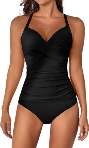 lot 62213 image: Womens Ruched Tankini Swimsuits V Neck Wrap Tie Back Two Pieces Bathing Suit Tummy Control Swimwear(Black) Large - Retail $39