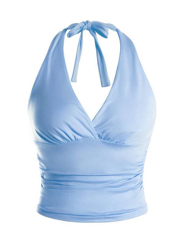 lot 62214 image: Womens Leopard Print Ruched Halter Crop Tops V Neck Tie Back Sleeveless Slim Fit Cami Tops Light Blue Solid. Small