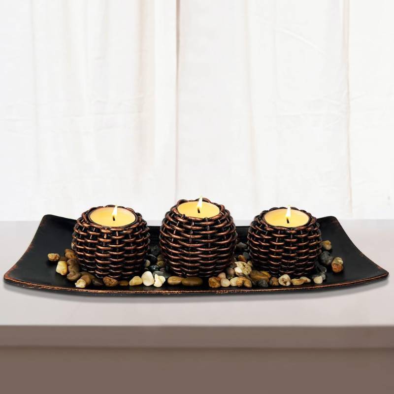 lot 71520 image: Coffee Table Decor, 3 Pieces Candle Holders with Tray and Rocks, Centerpiece Table Decorations for Living Room, Dining Room, Bedroom, Entryway Table Decor Thanksgiving Gift - Retail $30