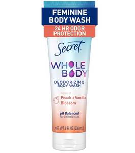 lot 62742 image: Secret Feminine Wash, 24 HR Deodorizing Feminine Body Wash for Women, Removes 6x Causes of Odor, PH Balanced, Safe to Use Everywhere, Peach & Vanilla Blossom Scent, 8.0 oz - Retail $9