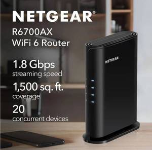 lot 62760 image: NETGEAR WiFi 6 Router 4-Stream (R6700AX) Router Only, AX1800 Wireless Speed (Up to 1.8 Gbps), Covers up to 1,500 sq. ft., 20 Devices �� Free Expert Help, Dual-Band - Retail $49