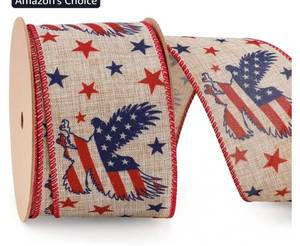 lot 62771 image: Patriotic Ribbon Wired 2.5 Inch x 10 Yards, Burlap American Eagle Stars Ribbon for 4th of July, 250th Anniversary, Independence Day Wreath Farmhouse Decor - Retail $15