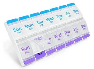 lot 62776 image: EZY DOSE Push Button (7-Day) Pill Case, Medicine Planner, Daily Vitamin Organizer, 2 Times a Day AMPM, X-Large Compartments, Arthritis Friendly, Easy to use, Clear Lids, Purple and Blue, BPA Free - Retail $7