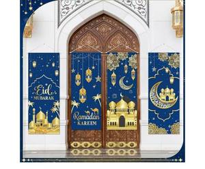 lot 62778 image: 4 Pcs Ramadan Mubarak Porch Sign Banners Blue Gold Eid Mubarak Decorations Muslim Ramadan Kareem Door Banner Backdrop for Home Doorway Indoor Outdoor Wall Hanging Decor - Retail $13