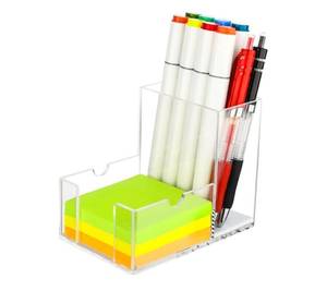 lot 62785 image: Sticky Note Holder, Crystal Clear Acrylic Pen and Sticky Note Dispenser for 3x3 Inches Note Pads, Simple Phone Stand for Office Home School Dorm Room Desk Organizer(No Pads) (1) - Retail $12