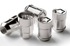 lot 62816 image: M12x1.5 Acorn Cone Seat Wheel Lock Set, Chrome Lug Nuts, 4 PCS Locks and 1 Key - Retail $20