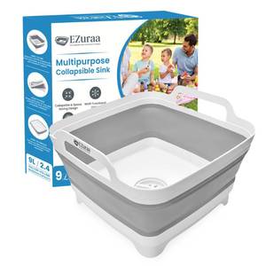 lot 62837 image: 2.4 gal(9L) Gray Collapsible Dish Basin, Portable Sink or Dish Pan for Kitchen Sink with Drain PlugStrainer, Space Saving Baby Bottle Wash Basin Collapsible Bucket, Beverage Tub for Camping, pink - Retail $15