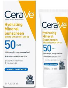 lot 62861 image: CeraVe 100% Mineral Sunscreen SPF 50, Face sunscreen With Zinc Oxide & Titanium Dioxide, Hyaluronic Acid  Niacinamide  Ceramides, Oil Free, Travel Size 2.5 oz - Retail $15