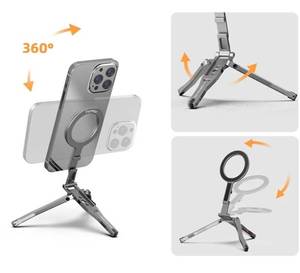 lot 62871 image: Magnetic Phone Tripod for MagSafe, Aluminium Grip Stand Foldable Portable Mini Desk Travel Phone Holder Adapter with 14 Screw & Hook for iPhone 17 16 15 14 13 12 Pro Max Mini Accessories - Retail $22