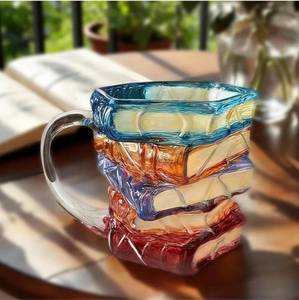 lot 62880 image: 3D Painted Chapter Book Mug, Handcrafted Stained Glass Chapter Coffee Cup with Realistic Stacked Books Design, 11oz Novelty Mug for Book Lovers, Librarians - Retail $6