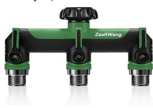 lot 62887 image: Garden Hose Splitter, 3 Way Hose Splitter, Heavy Duty Water Hose Bib Spigot Splitter, Outdoor Faucet Splitter with Shutoff Valve, T Adapter Connector with 34 - Inch GHT Thread (Green) - Retail $27