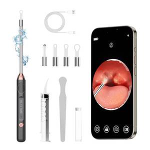 lot 62890 image: Tonsil Stone Remover with Camera Tonsil Stone Removal Tool with LED Light Tonsil Cleaner for Tonsil Stone Removal Tonsillolith Removal Tool with 4 Head Attachments for iOS & Android (Black and Gold) - Retail $21