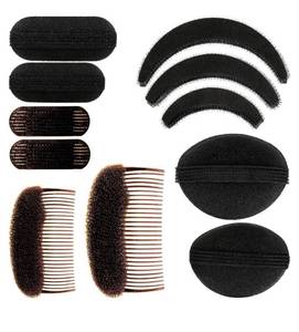 lot 62900 image: 11 Pieces Hair Bump Sponge Volume Hair Bases Set Bump It Accessory for Volume Insert Styling Tools up Combs Clips Sponge Bun Updo Accessories for Women DIY Hairstyles(Black, Brown) - Retail $12