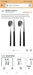 lot 62914 image: 304 Stainless Steel durable Lightweight Korean-style Beautiful Cutlery Spoon and Chopsticks Set Scratch Resistant 2Pieces (BlackBlack) - Retail $29