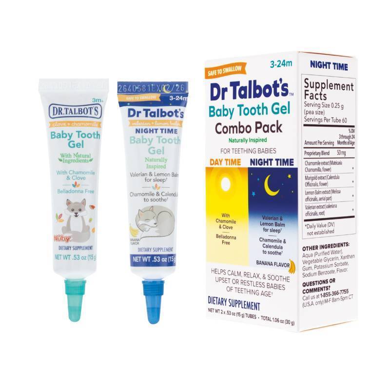 lot 36523 image: Dr. Talbots Daytime & Night Time Baby Tooth Gel for Sore Gums - 0.53 oz Combo Pack Tubes of Teething Gel - Ages 3-24 Months - Naturally Inspired Ingredients to Soothe Sore Gums for Babies - Retail $6
