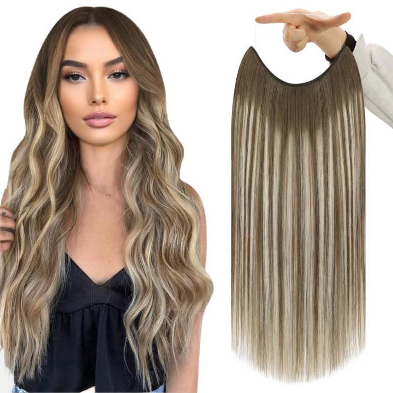 lot 36559 image: Wire Hair Extensions 14 Inch Chestnut Brown to Platinum Blonde and Brown Hidden Wire Extensions Adjustable Fishing Line One Piece Clip in Straight Human Hair 76 G - Retail $56