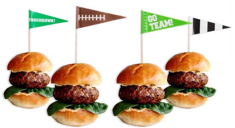 lot 36579 image: Multicolor Football Flag Wooden Food Picks - 2.5, 36 Pieces - Perfect for Game Day, Sports Parties, Birthdays, and Themed Events - Retail $9