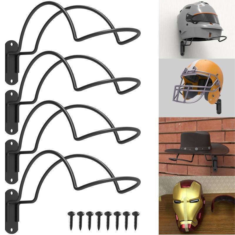lot 56153 image: 4 PCS Wall Mounted Helmet Rack Roma Helmet Holder Hook Multi-functional Metal Rack for Hats Mask Wall Mount Bracket Storage Display Rack with Screws for Equestrian Motorcycle Baseball Rugby Helmet - Retail $32