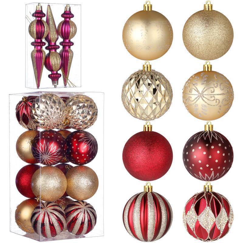 lot 56159 image: 19 Pcs 3.15 Inches Red and Gold Luxury Christmas Tree Ornaments Set Plastic Shatterproof Burgundy Balls Finials Christmas Ornaments Hanging Tree Decorations Baubles for Xmas Holiday Decor - Retail $37