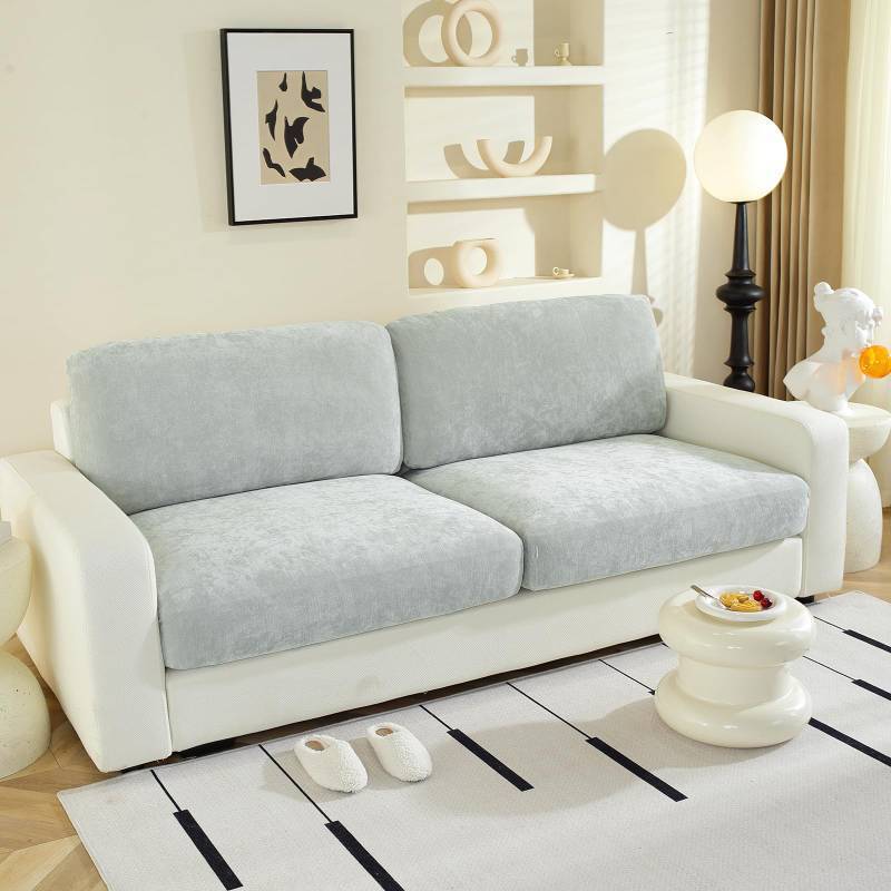 lot 56199 image: Couch Cushion Covers Individual Large Super Stretch Chenille (Softer Version) Sofa Cushion Covers, Couch Seat Covers Couch Slipcovers Furniture Protector (2 Piece, Light Grey) - Retail $24