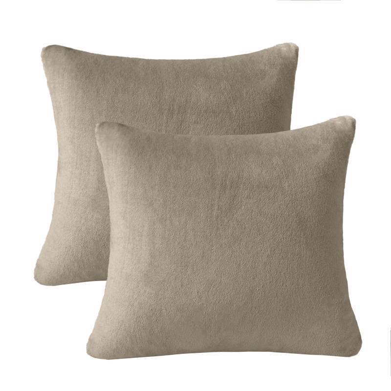 lot 56200 image: Flannel Throw Pillow Covers 2 Pack Super Soft Square Pillow Covers for Bedroom, Sofa, Super Cosy Fluffy Soft Flannel Pillowcase 26x26 Inches, Taupe - Retail $17
