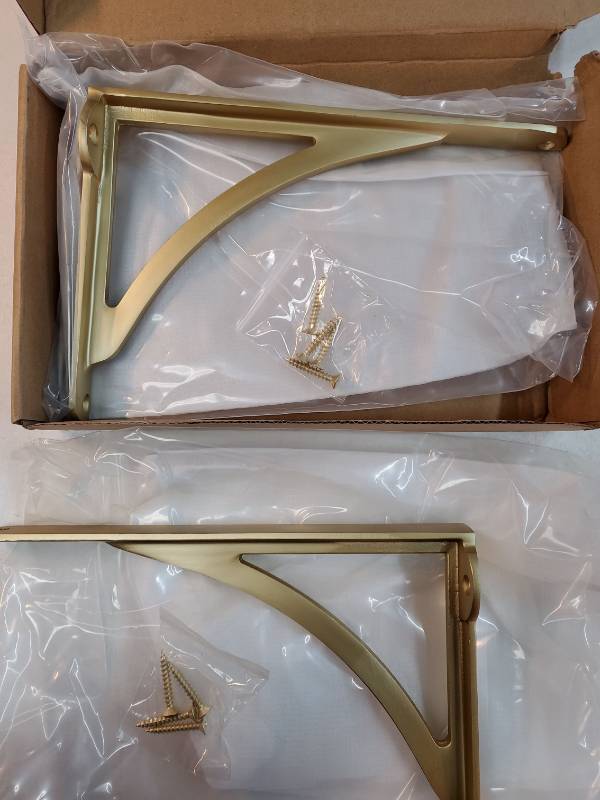lot 26877 image: 100% Solid Brass Decorative Shelf Brackets, 10-inch Wall-Mounted Shelving Brackets, 2-Pack Antique Gold Vintage Metal Shelf Bracket Victorian Wall Bracket. - Retail $80