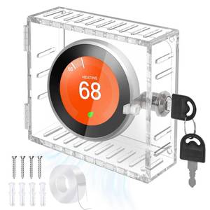 lot 72493 image: Thermostat Lock Box Square - 5 x 5 Thermostat Cover With Lock, No Screws Thermostat LockBox with Key, Clear AC Thermostat Box Cover, Small Acrylic Lock Box For Thermostat on Wall (5x5x2) - Retail $16