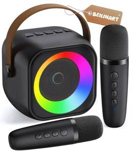 lot 72498 image: Mini Karaoke Machine, Portable Bluetooth Karaoke Speaker with 2 Wireless Microphones and Party Lights for Kids and Adults, Birthday Gifts for Girls Boys Family Home Party, black - Retail $30