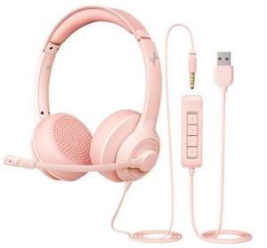 lot 72499 image: USB Headset with Microphone for PC, On-Ear Computer Laptop Headphones with Noise Cancelling Mic in-line Control for Home Office Online Class Zoom (USB3.5mm, Pink) - Retail $30