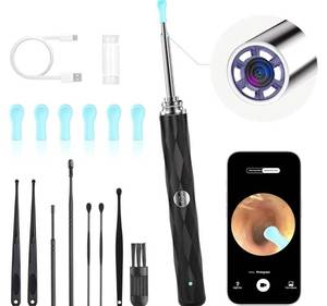 lot 72512 image: High-Definition Ear Wax Removal, Wireless Ear Cleaner, Safe and Gentle Ear Wax Removal Kit, Rechargeable Ear Cleaner with Camera and Light,Ear Cleaning Kit for Android and iOS (Black) - Retail $10