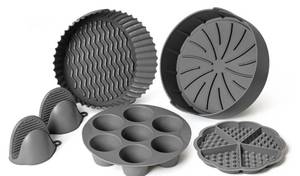 lot 72528 image: Set of 5 Silicone Air Fryer Liners with Egg Bite Mold, Waffle Mold & Mitts - 8.7 Round Reusable Silicone Inserts for 5-7 Qt Airfryers - Easy to Clean & Heat-Resistant Air Fryer Accessories Set - Retail $27