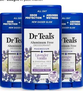 lot 72530 image: Dr Teals Aluminum Free Deodorant, Lavender Vanilla with Essential Oils, 2.65 oz (Pack of 3) - Retail $16