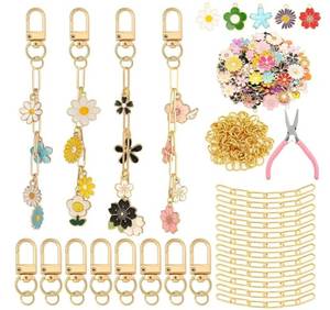 lot 72531 image: 266 Pieces Flower DIY Gold Keychain Making Kit Floral Daisy Bag Charm Jewelry Making Sunflower Ornaments Bulk for Key Ring Art Adults Women Bag Gift - Retail $29