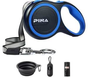 lot 72538 image: Retractable Dog Leash, 26ft Dog Leash for Small Medium Large Dogs Up to 110lbs, 360° Tangle-Free Strong Reflective Nylon Tape, with Anti-Slip Handle, One-Handed Brake, Lock - Black Blue - Retail $18